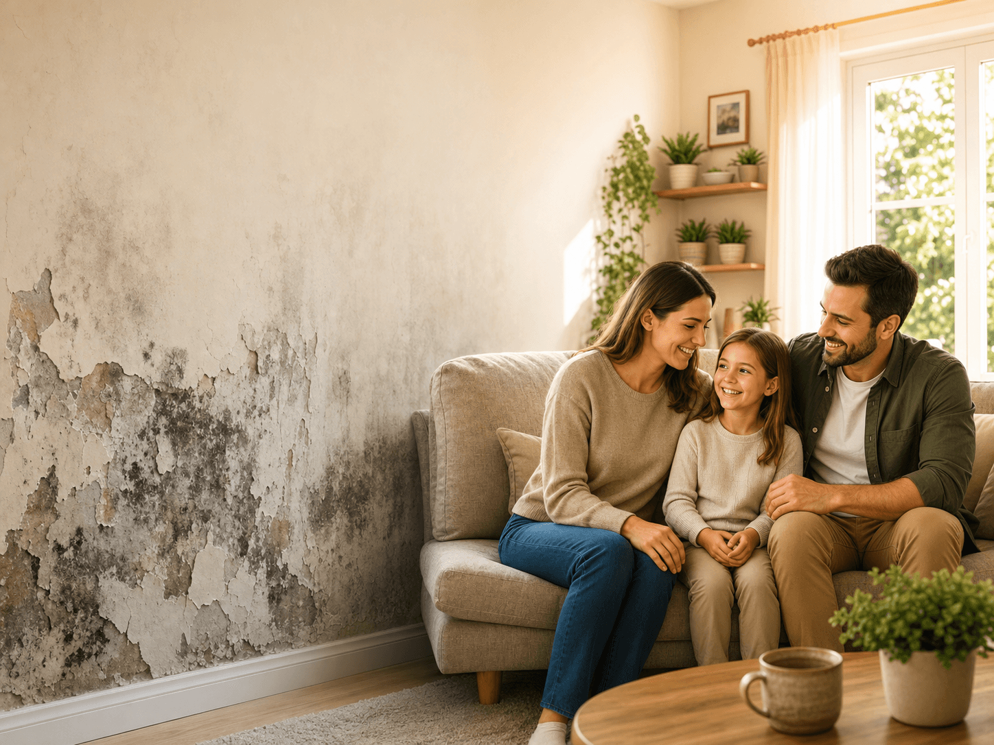 Famille dans un salon avec traces d'humidité sur un mur